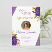 Purple & Gold Floral Quinceañera Save the Date 招待状 (スタンド正面)