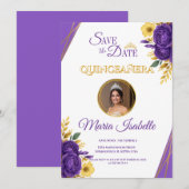 Purple & Gold Floral Quinceañera Save the Date 招待状 (正面/裏面)