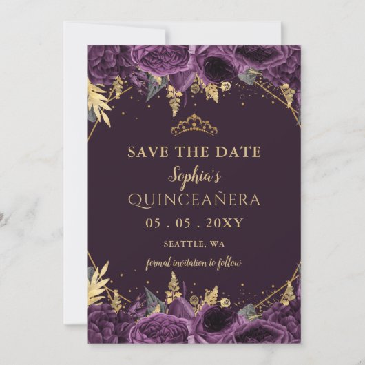 Purple Gold Floral Quinceañera  Save the Date 案内状 (正面)