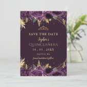 Purple Gold Floral Quinceañera  Save the Date 案内状 (スタンド正面)