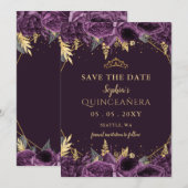 Purple Gold Floral Quinceañera  Save the Date 案内状 (正面/裏面)