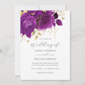 Purple Gold Floral Rose Wedding   招待状 (正面)