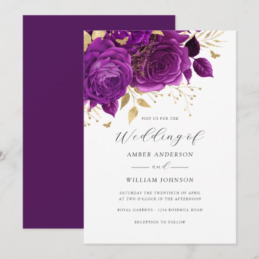 Purple Gold Floral Rose Wedding   招待状 (正面/裏面)