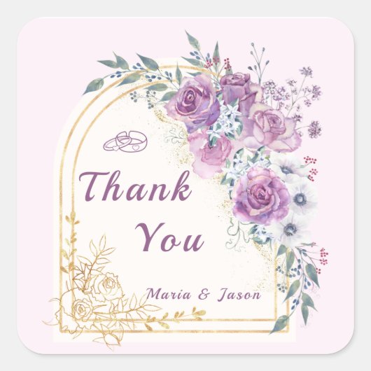 Purple Gold Floral Wedding Thank You Sticker スクエアシール (正面)