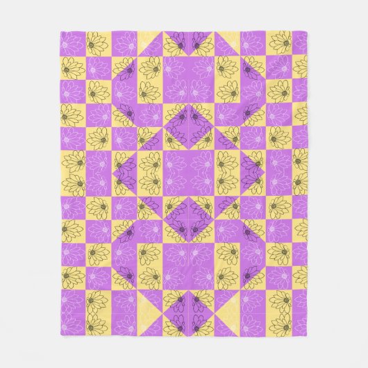 Purple gold Flower seamless Checkerboard pattern フリースブランケット (正面)