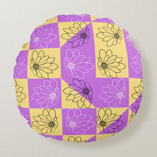 Purple gold Flower seamless Checkerboard pattern ラウンドクッション (正面)