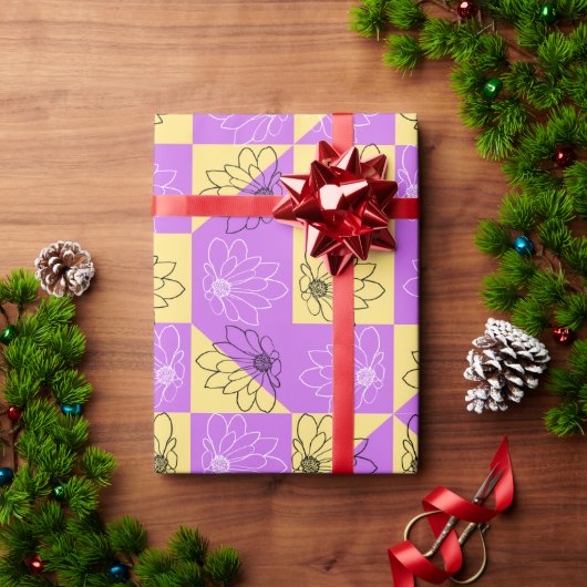 Purple gold Flower seamless Checkerboard pattern ラッピングペーパー (クリスマスギフト)
