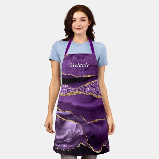 Purple Gold Glitter Apron Personalized Your Name エプロン (着用した状態)