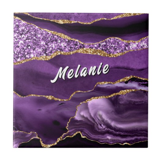 Purple Gold Glitter Ceramic Tile Gift Custom Name タイル (正面)