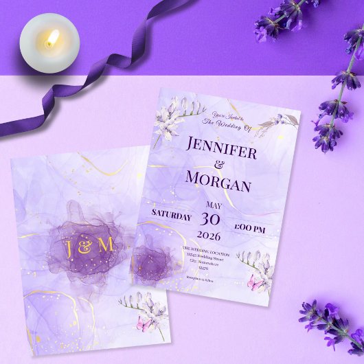 Purple Gold Gothic Floral Wedding Invitation 招待状