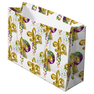 PURPLE GOLD GREEN MARDI GRAS FLEUR DE LIS ラージペーパーバッグ