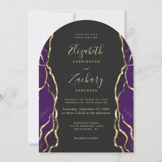 Purple Gold Ink Dark Arch Wedding Invitation 招待状 (正面)