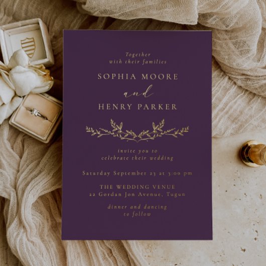 Purple & Gold Leaf Wedding 箔招待状