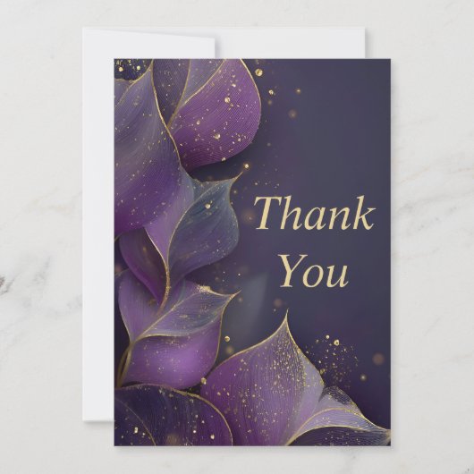 Purple Gold Leaves Dark Background Thank You Card 招待状 (正面)
