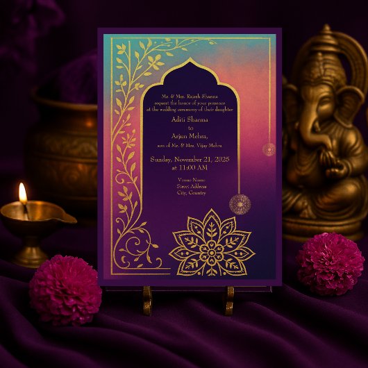 Purple & gold mandala hindu Oriental Frame wedding 招待状