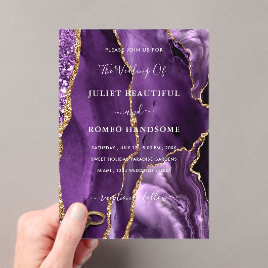 Purple Gold Marble Wedding Invitation with Rings アクリル招待状 (インサイチュ (ポータブル))