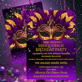 Purple Gold Masks Masquerade Birthday Party 招待状