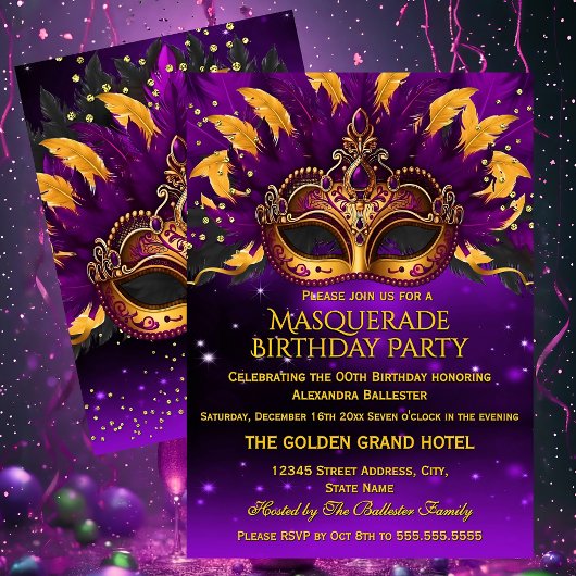 Purple Gold Masks Masquerade Birthday Party 招待状