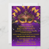 Purple Gold Masks Masquerade Birthday Party 招待状 (正面)