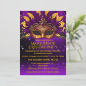 Purple Gold Masks Masquerade Birthday Party 招待状 (スタンド正面)