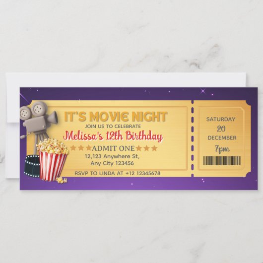 Purple Gold Movie Night Ticket Birthday Party   (正面)