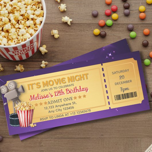 Purple Gold Movie Night Ticket Birthday Party  