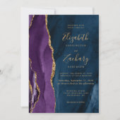 Purple Gold Navy Blue Agate QR Code Wedding 招待状 (正面)