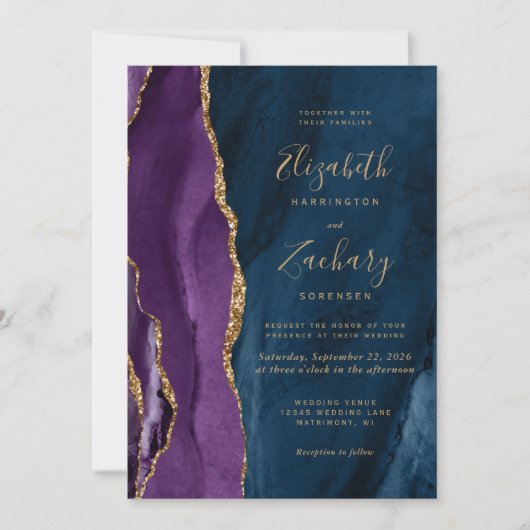 Purple Gold Navy Blue Agate QR Code Wedding 招待状 (正面)