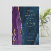 Purple Gold Navy Blue Agate QR Code Wedding 招待状 (スタンド正面)