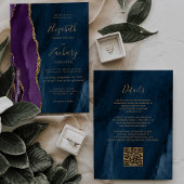Purple Gold Navy Blue Agate QR Code Wedding 招待状
