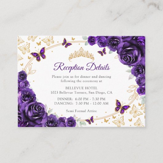 Purple Gold Quinceanera Reception Details エンクロージャーカード (正面)