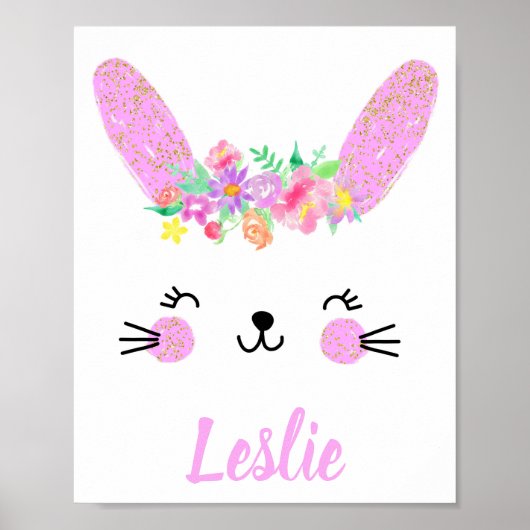 Purple Gold Rabbit Nursery Poster Custom Name ポスター (正面)