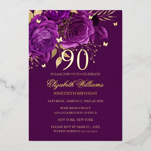 Purple Gold Rose Butterfly 90th Birthday  箔招待状 (正面)