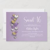 Purple Gold Silver Heart Theme Sweet 16 Birthday 招待状 (正面)