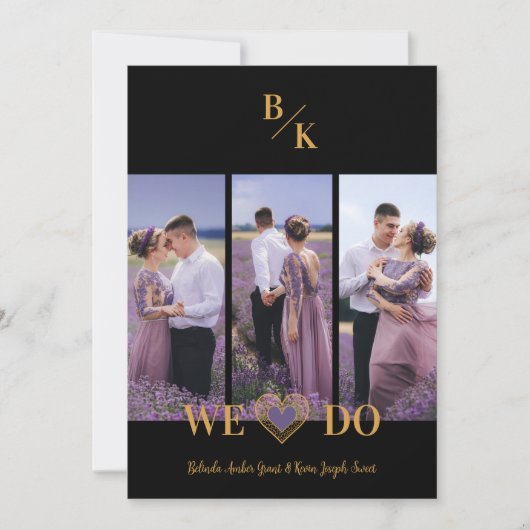 Purple & Gold Stylish Lace Vertical 3 Multi Photos 招待状 (正面)