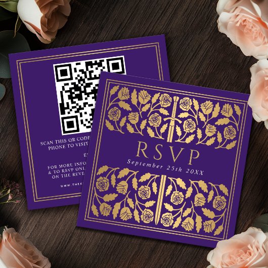 Purple Gold Sword Royal Wedding RSVP QR Code  エンクロージャーカード
