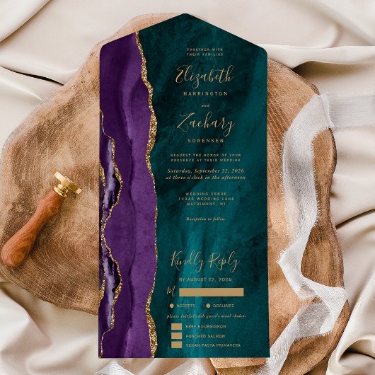 Purple Gold Teal Agate Meal Options Wedding オールインワン招待状