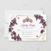 Purple Golden Roses Tiara Butterflies Quinceañera 出欠カード (正面)