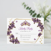 Purple Golden Roses Tiara Butterflies Quinceañera 出欠カード (スタンド正面)