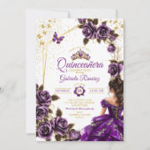 Purple Golden Tiara Roses Butterfly Quinceañera 招待状 (正面)