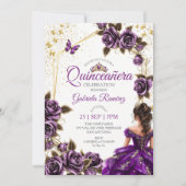 Purple Golden Tiara Roses Butterfly Quinceañera 招待状 (正面)