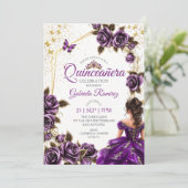 Purple Golden Tiara Roses Butterfly Quinceañera 招待状 (スタンド正面)
