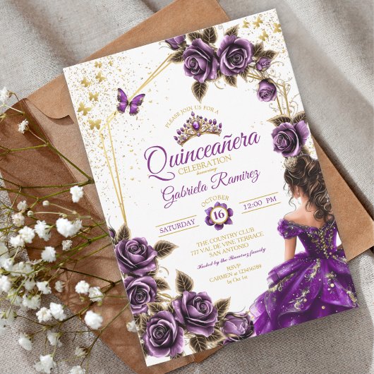 Purple Golden Tiara Roses Butterfly Quinceañera 招待状