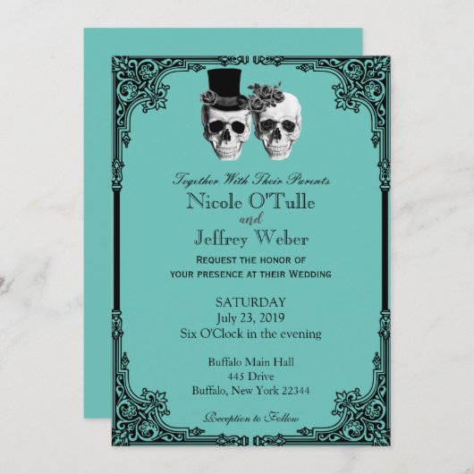 Purple Goth Sugar Skull Wedding Invitation 招待状 (正面/裏面)