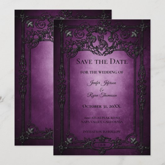 Purple Gothic Halloween wedding save the date 案内状 (正面/裏面)