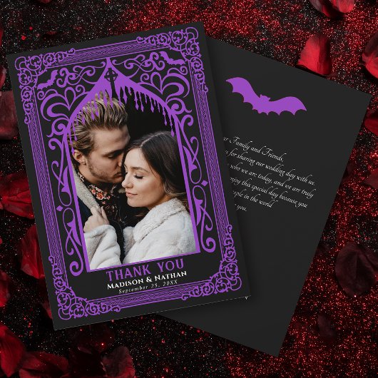 Purple Gothic Vampire Cathedral Photo Wedding サンキューカード
