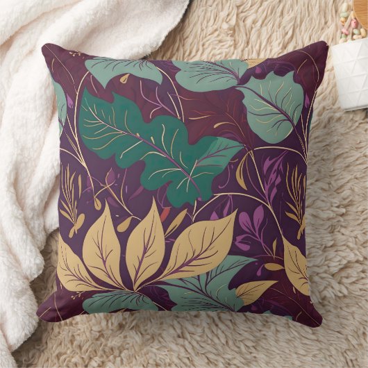 Purple Graceful Modern Leaf Print クッション (ブランケット)