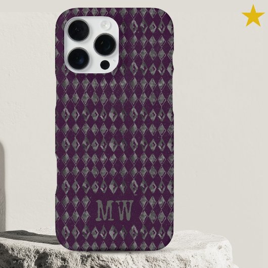 Purple Gray Doodle Diamond Pattern Custom Monogram iPhoneケース