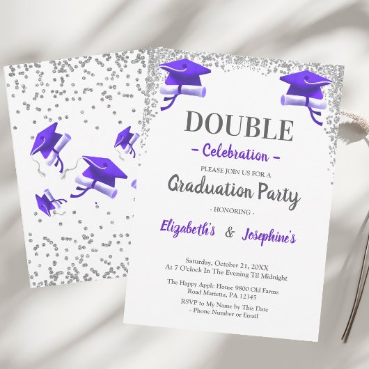 Purple Gray double Celebration Graduation Party 招待状