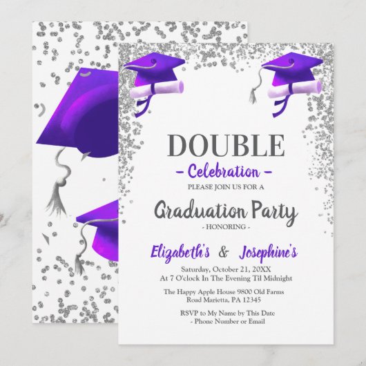 Purple Gray double Celebration Graduation Party  招待状 (正面/裏面)